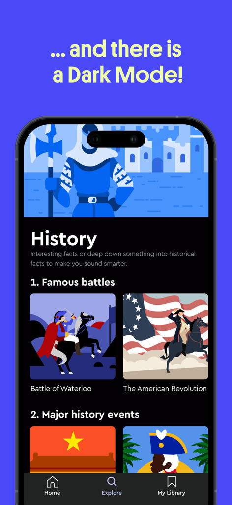 Interfaz de la aplicación Loomi Learning Games que muestra lecciones de historia y batallas famosas en modo oscuro