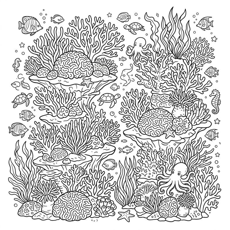 Explore a fascinating underwater scene featuring vibrant coral islands teeming with diverse marine life. This intricate coloring page is specially designed for teens looking for a creative and engaging aquatic adventure.