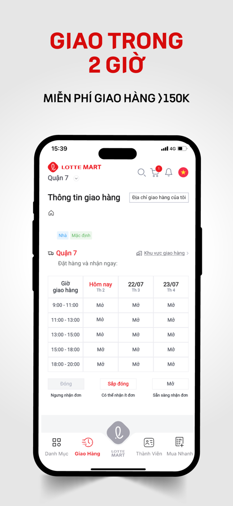 LOTTE Mart Vietnam - LOTTE Mart Vietnam app delivery schedule screen showing two-hour delivery service and time slots.