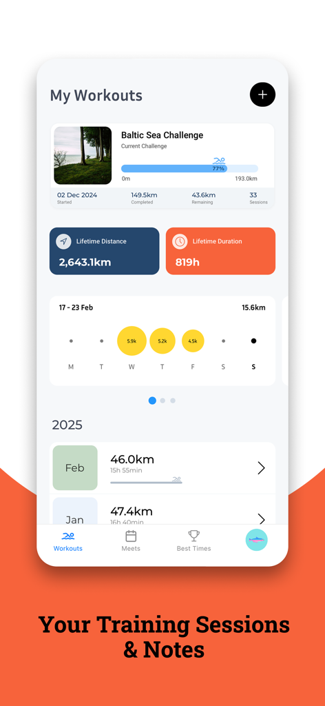 Swimpion: Swimming App - Dashboard showing swimming training sessions lifetime distance and progress charts in the Swimpion app