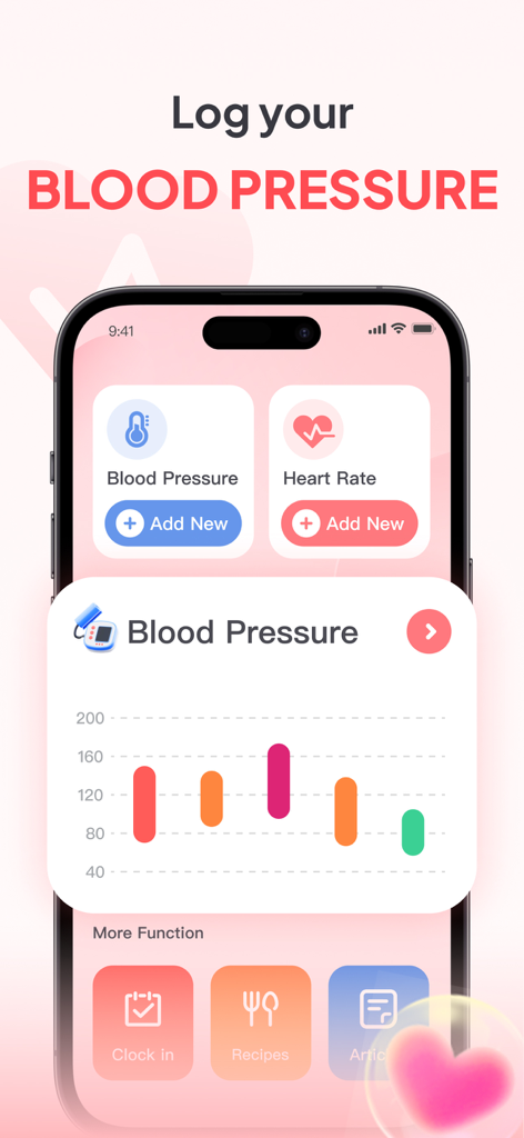 Blood Pressure Health Monitor app interface showing blood pressure charts and heart rate logging.