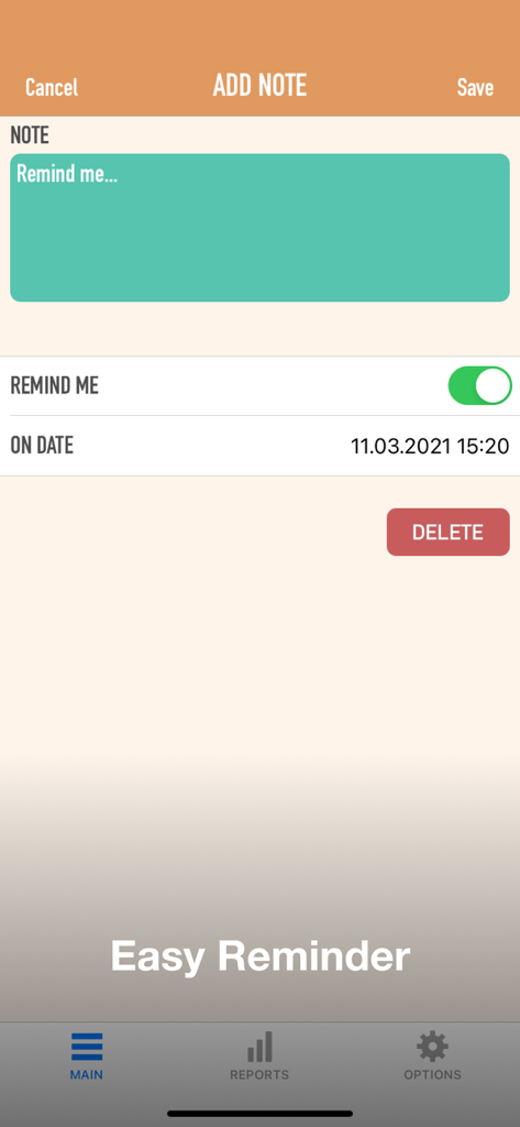 Personal Finance - Tracker - Screen for adding financial notes and setting date reminders in the Personal Finance app.