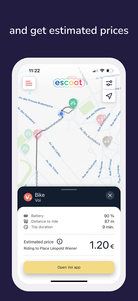 eScoot | e-scooters near you - Interface of the eScoot app showing the estimated price and battery status for a shared electric bike.