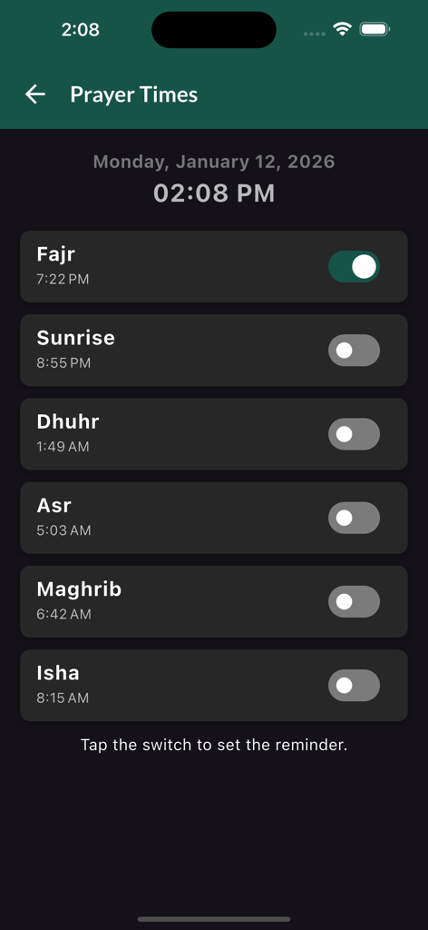 A mobile app interface displaying a schedule for Islamic prayer times with reminder toggles.