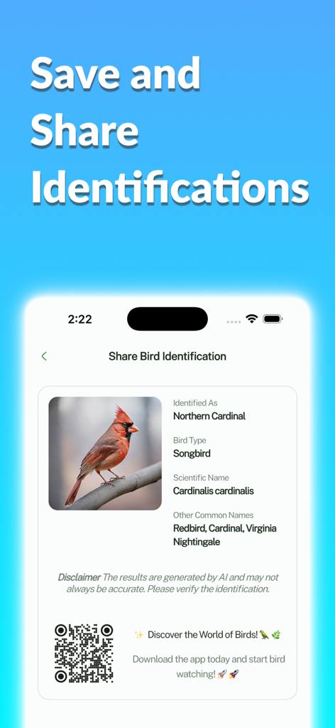Bird Identifier app interface showing a Northern Cardinal identification with options to save and share.