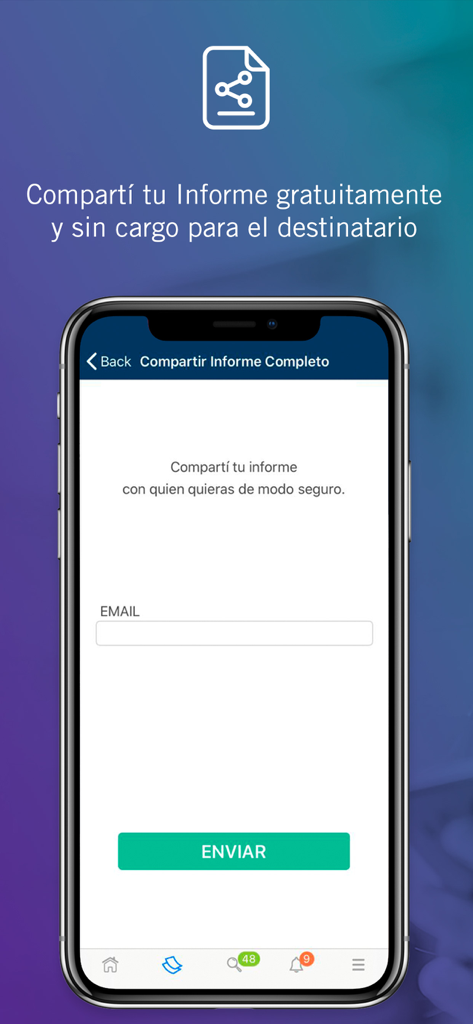 Interface of the Mi Nosis app showing the option to share a complete credit report by entering an email address.