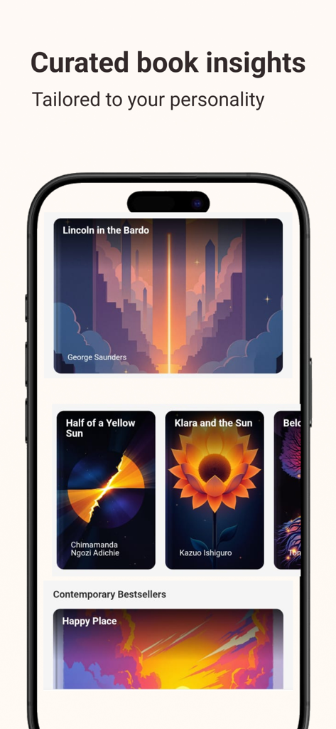 Book AI - Smart Summaries - 큐레이션된 도서 통찰력 및 개인화된 독서 추천을 보여주는 Book AI 앱 화면