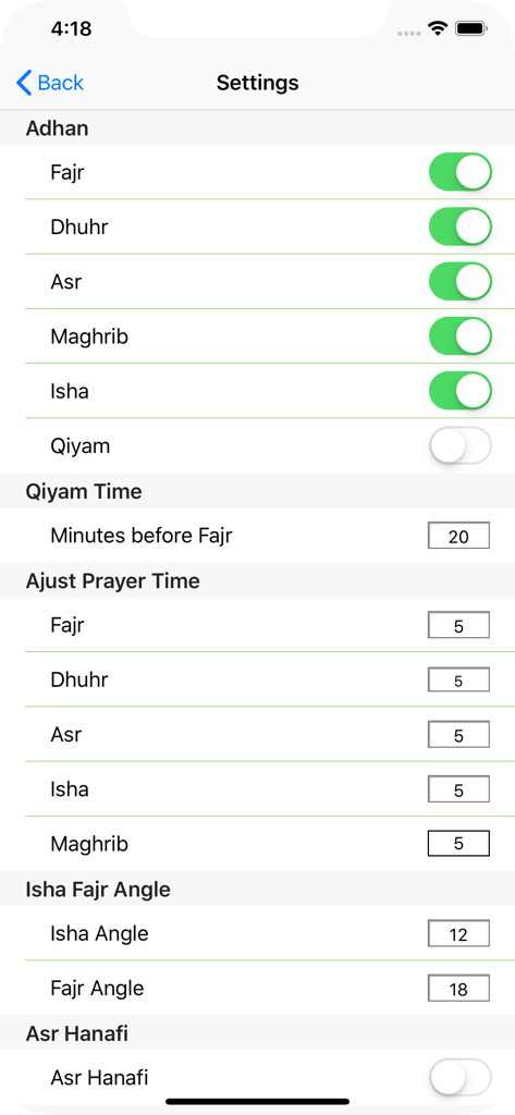 Islam.ms Prayer Times & Qibla - Settings screen of the Islam.ms app showing adhan notification toggles and prayer time calculation adjustments