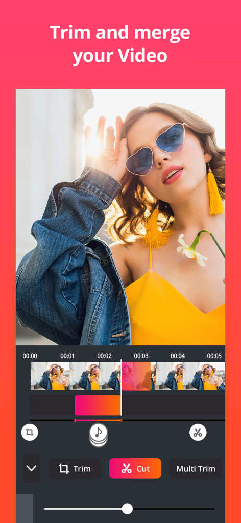 Interfaccia dell'app Video Plus che mostra strumenti di ritaglio e taglio video con una timeline