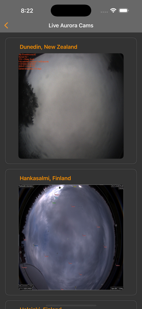 Light Pollution Map - Dark Sky - A mobile interface showing live aurora camera feeds from New Zealand and Finland