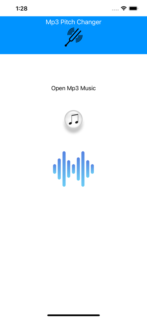 MP3 Pitch Changer - Main interface of the MP3 Pitch Changer app showing the open music button and audio waveform