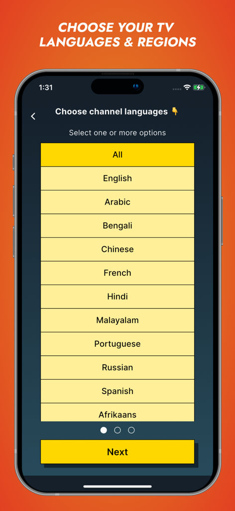 Orbitv: Live TV, IPTV Player - Orbitv app screen for choosing TV channel languages and regions