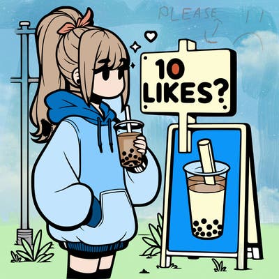 girl with oversized hoodie drinking boba and she has a high ponytail with a sign that says 10likes?