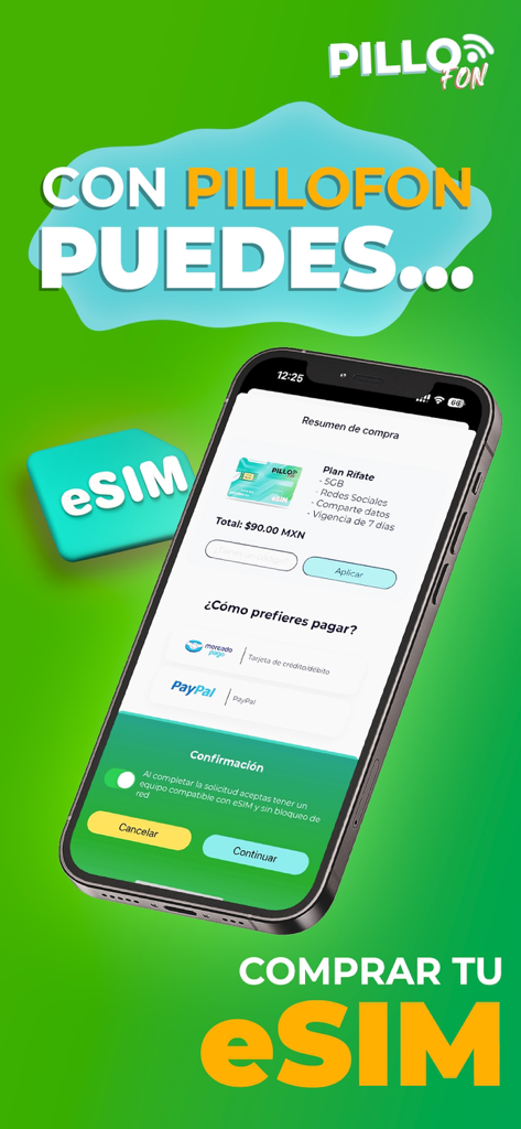 Interface do aplicativo móvel PilloFon para compra de um plano de dados eSIM