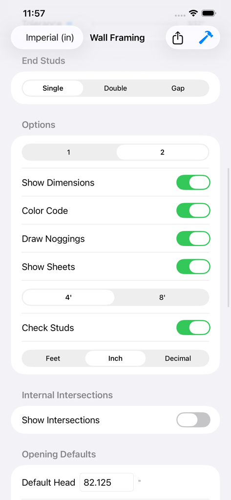Stud Framing Layout Calculator - Wall framing settings screen with options for end studs and dimensions