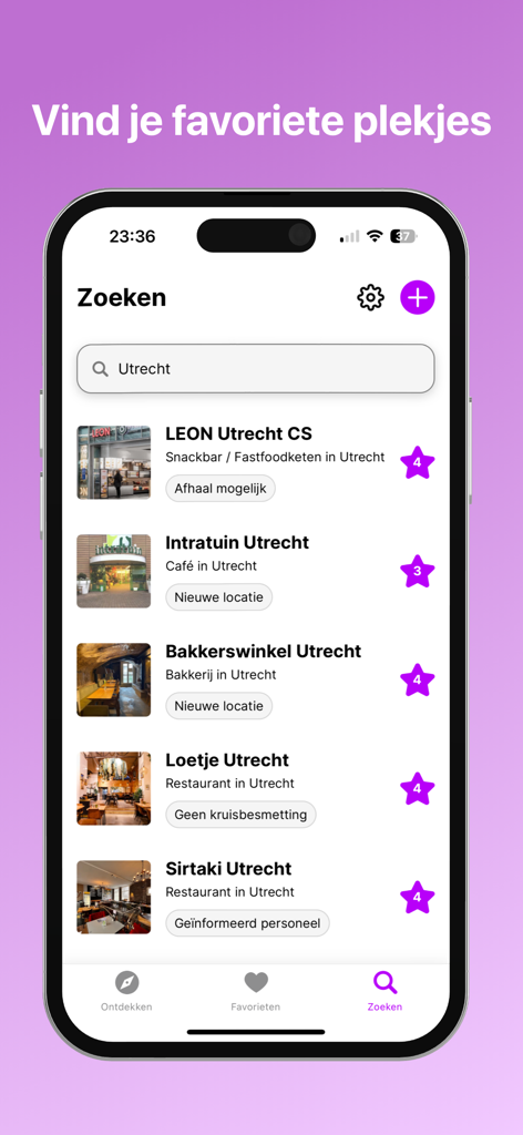 Glutenvrije Horeca - Mobile app screenshot showing search results for gluten-free restaurants in Utrecht with ratings and safety tags.