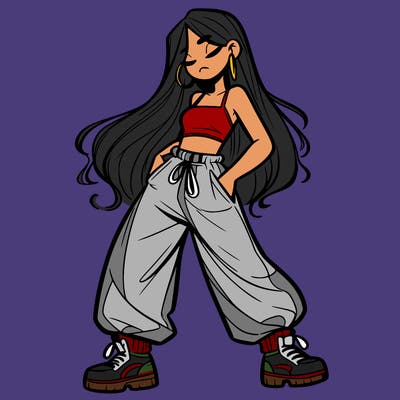 girl in baggy pants crop top and long hair