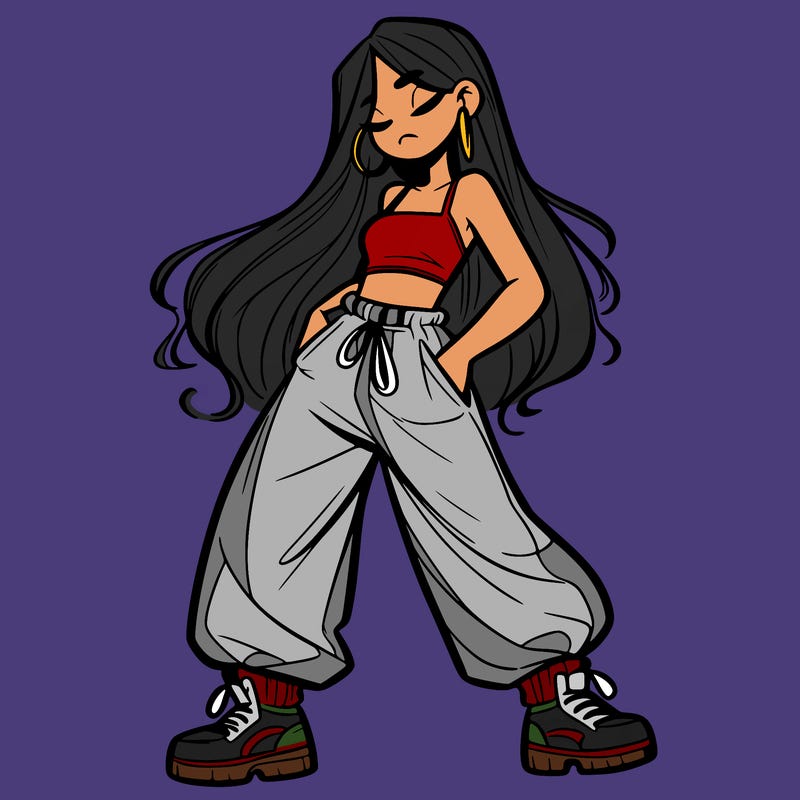 girl in baggy pants crop top and long hair