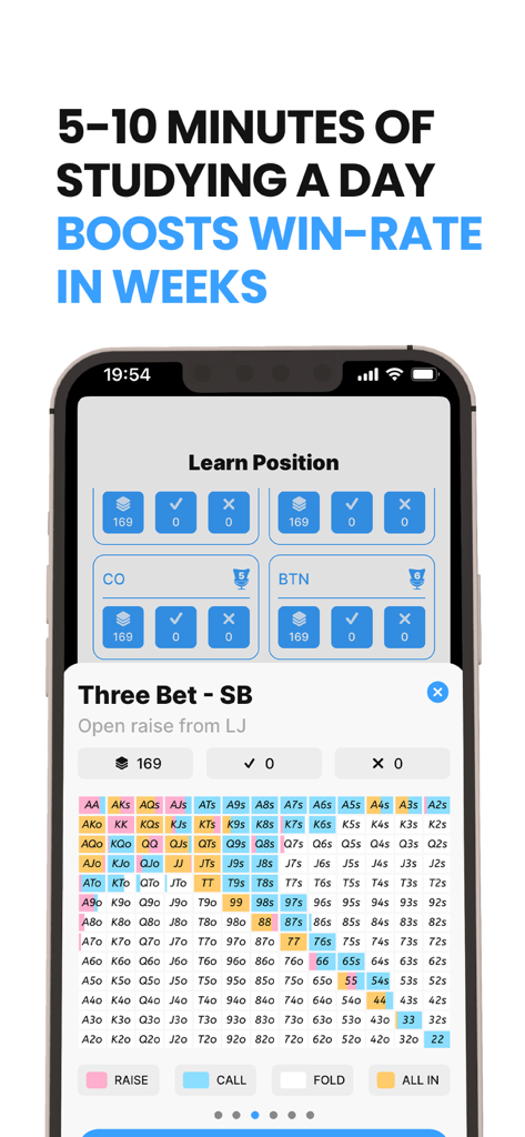GTO Preflop Wizard Poker AI - Mobile interface of GTO Preflop Wizard showing a color coded poker range chart and position learning tools