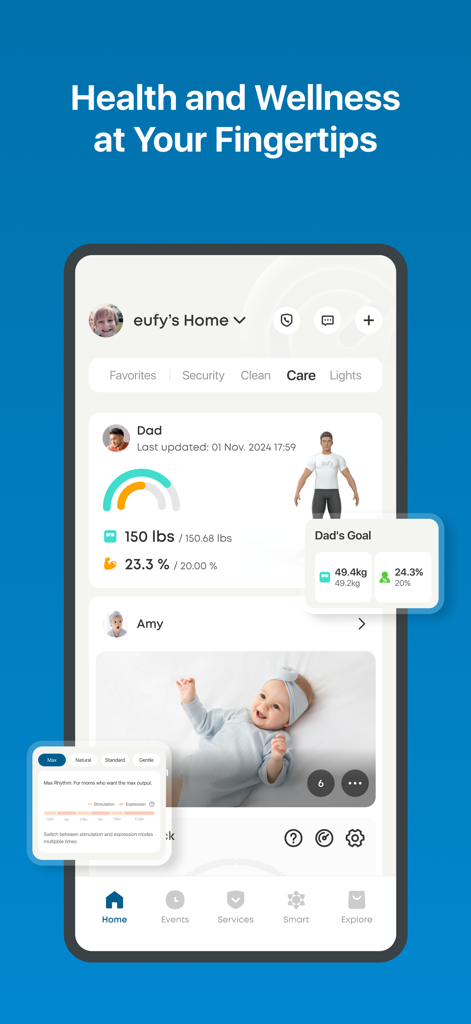 Eufy app dashboard showing health stats and a baby monitor camera view