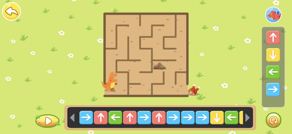 Educational coding game screen where a dinosaur navigates a maze using arrow command blocks.