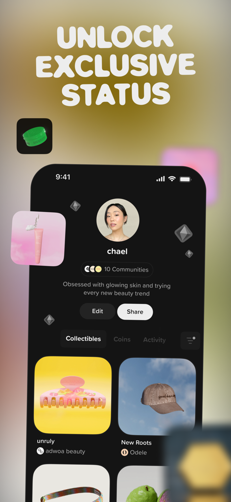 TYB app profile screen displaying exclusive status and brand collectibles