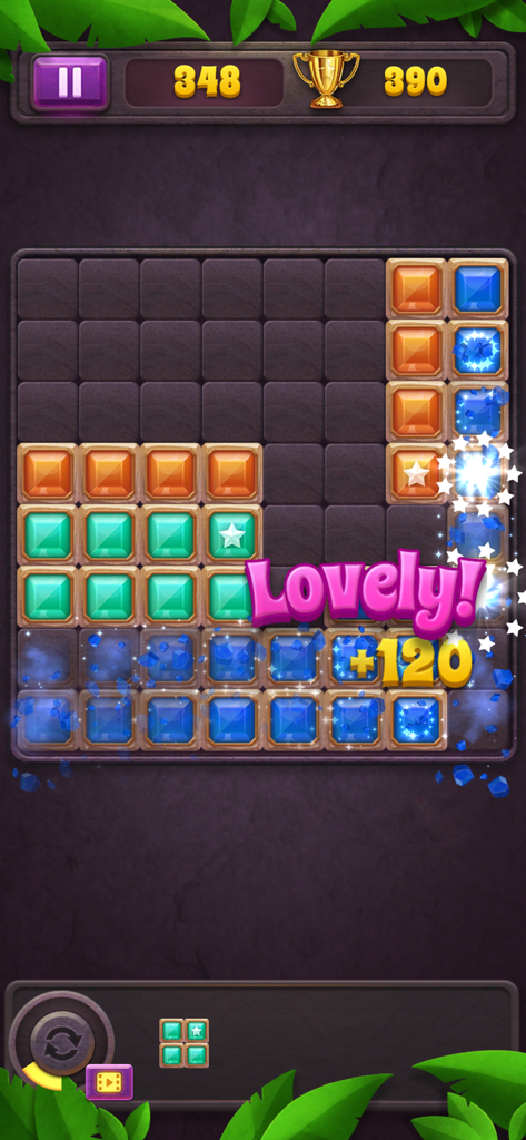 Gameplay of Block Puzzle Star Gem showing colorful gems on a grid with a Lovely message and score
