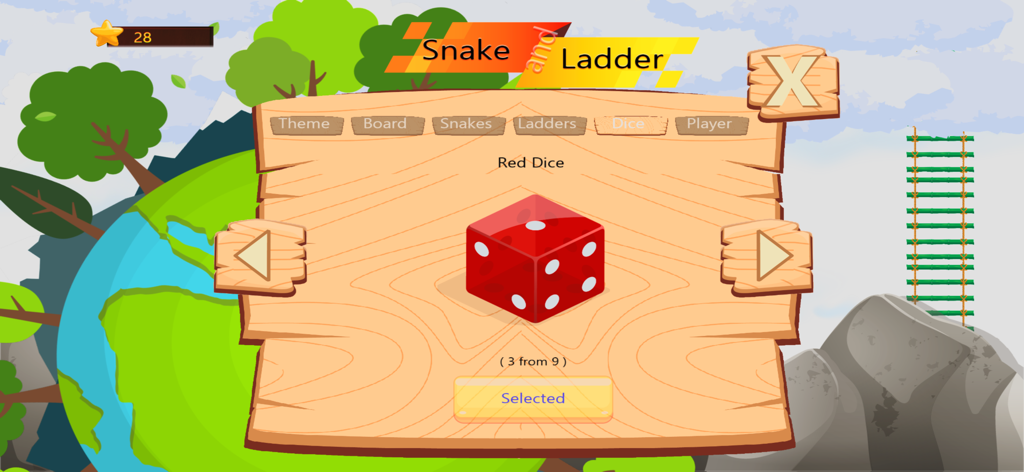 Customization screen in Snake and Ladder Online featuring a red dice selection