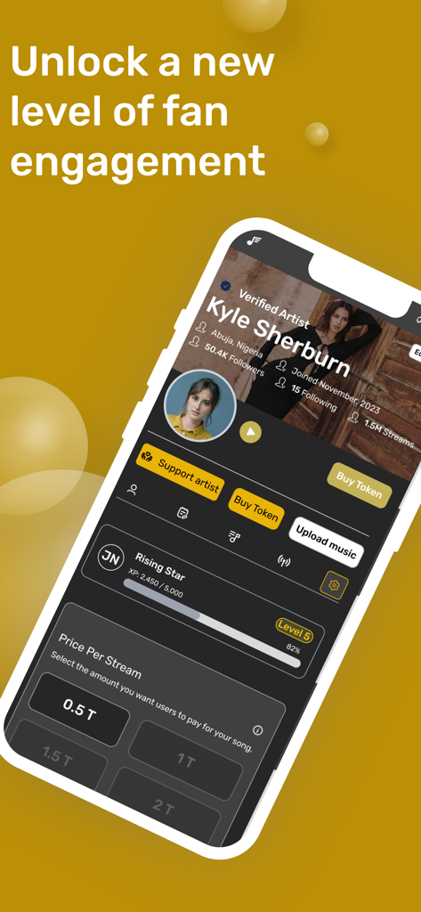 Freecords mobile app interface showing a verified artist profile with fan engagement features