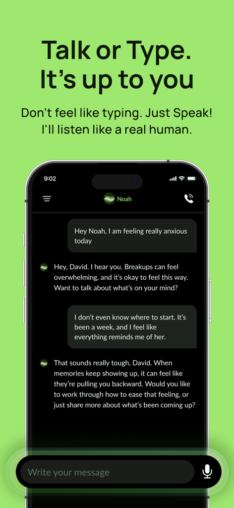 Chat screen of the Noah AI app showing a supportive dialogue and options to speak or type messages.