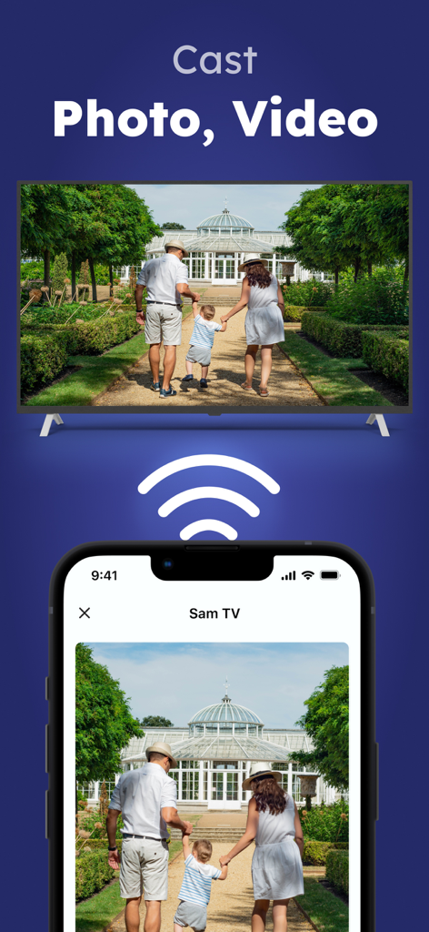 Sam TV Remote Control - iPhone casting a family photo to a Samsung Smart TV using the remote control app