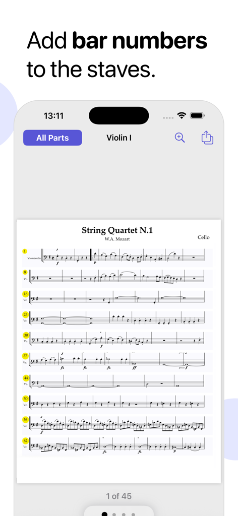 Partifier: extract score parts - Musical score in Partifier app showing the feature to add bar numbers to staves.