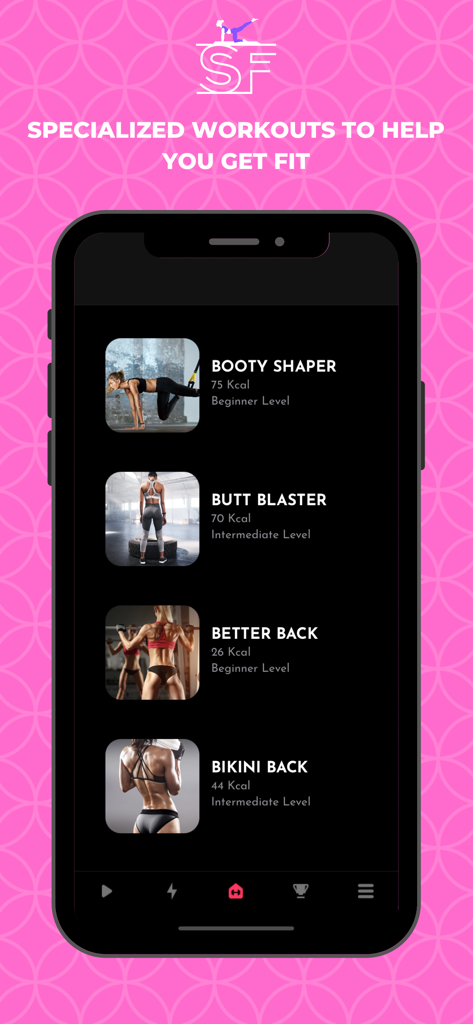 Slim Fitness - Butt Workouts - Pantalla de un teléfono móvil que muestra la aplicación Slim Fitness con programas especializados para moldear el trasero y ejercicios intensos para glúteos
