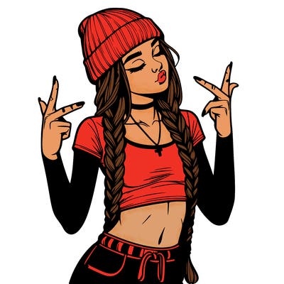 realistic teenage girl with braids and a beanie and crop top doing 🫶🏼