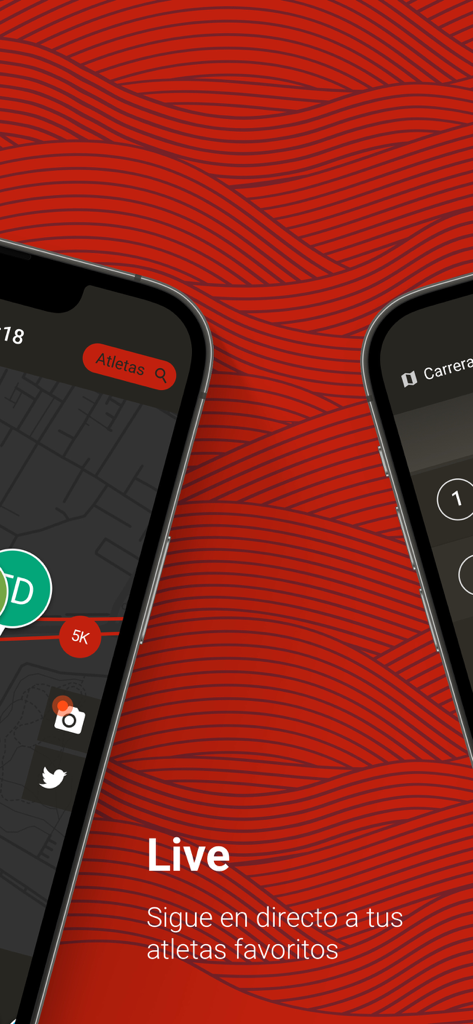 Interfaz de la aplicación móvil que muestra el seguimiento en vivo de atletas y la integración de redes sociales para el Generali Maraton Malaga