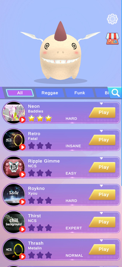 Beat Rush - Beat Rush music selection screen featuring a flying dinosaur character and a list of songs with difficulty levels