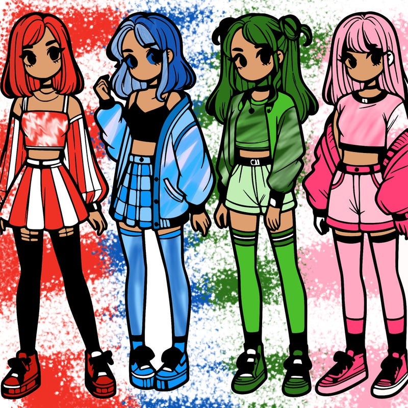 one girl with crop-top shirt and a jacket with a skirt, long socks and another girl with a shirt and pants with a jacket