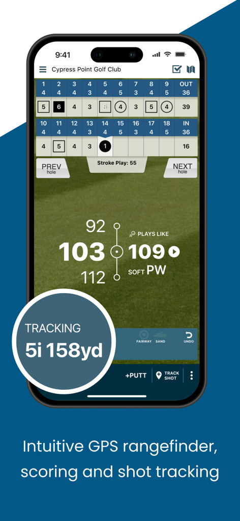 Golf Pad Classicアプリインターフェイス。ゴルフコースのスコアカードとGPS距離計、ショット追跡が表示されています