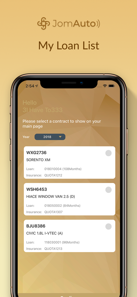 JomAuto - Una lista de contratos de préstamos de automóviles en la aplicación móvil JomAuto.