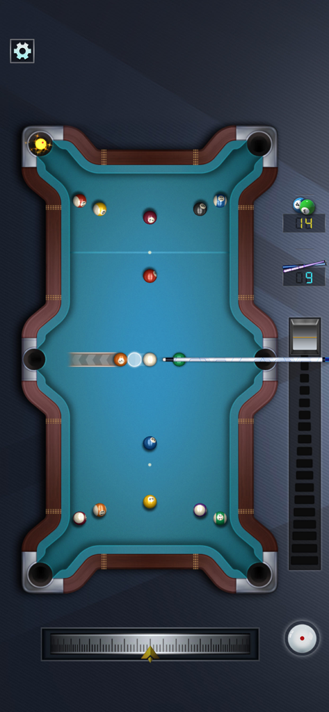 Top down view of a pool table with balls and a cue aiming for a shot in Super 3D Pool