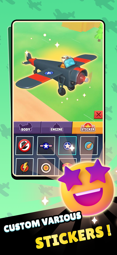 Merge Plane: Air Race! - Pantalla de personalización de aviones con varias pegatinas en Merge Plane Air Race