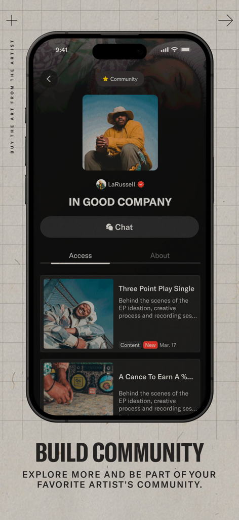 Capture d'écran de l'application EVEN montrant le profil de l'artiste LaRussell avec un bouton de discussion et l'accès à la communauté