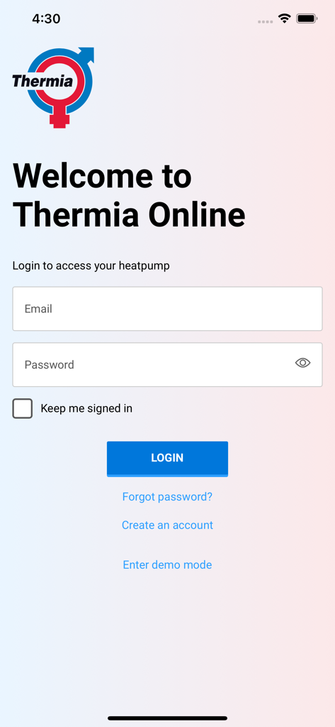 Schermata di accesso dell'app mobile Thermia Online con campi per email e password per accedere ai controlli della pompa di calore