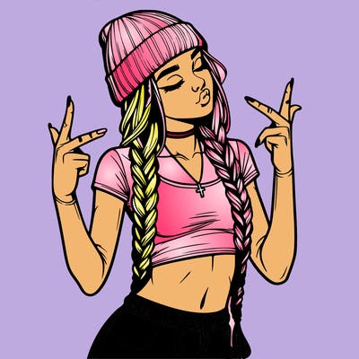 realistic teenage girl with braids and a beanie and crop top doing 🫶🏼