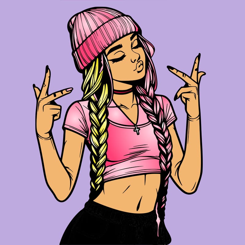 realistic teenage girl with braids and a beanie and crop top doing 🫶🏼