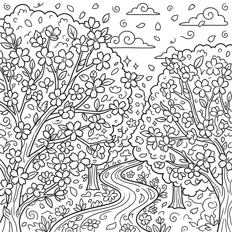 Unfold a world of natural beauty with this exquisite cherry blossom trees coloring page, designed especially for teens. Its detailed floral branches and flowing landscape offer a captivating artistic challenge.