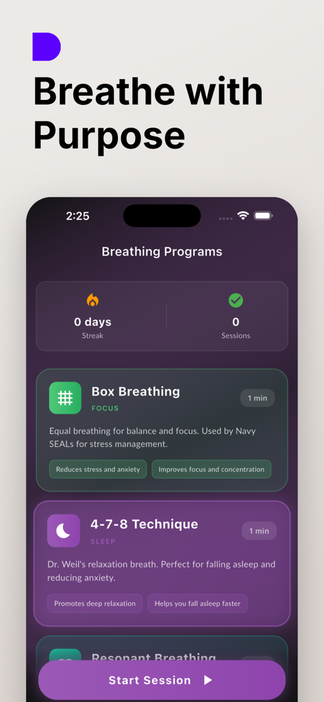 Human Design Chart: Soul Flow - L'interface des programmes de respiration de l'application Soul Flow montrant la Respiration Carrée et la technique 4-7-8