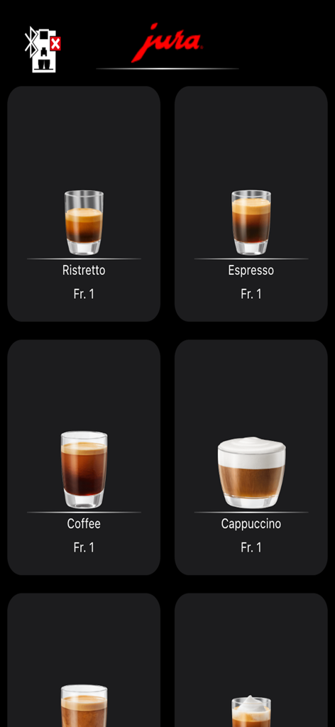 JURA Pocket Pilot V2 - JURA Pocket Pilot V2 app interface showing a menu of coffee drinks including espresso and cappuccino with prices