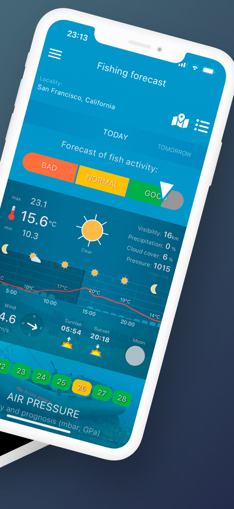 Fishing Forecast app interface showing a good fish activity prediction and detailed weather metrics for San Francisco.
