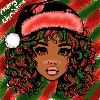 realistic girl with a santa hat curly hair and lips